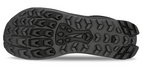 Black rugged trail running shoe outsole with deep multidirectional lugs for grip.