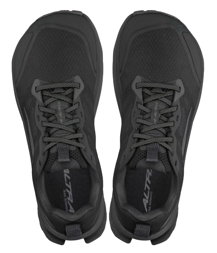 Black Altra Lone Peak 9 Wide trail running shoes with mesh upper and cushioned soles, top view.