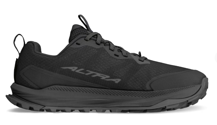 Black Altra Lone Peak 9 Wide trail running shoe with mesh upper and rugged sole.