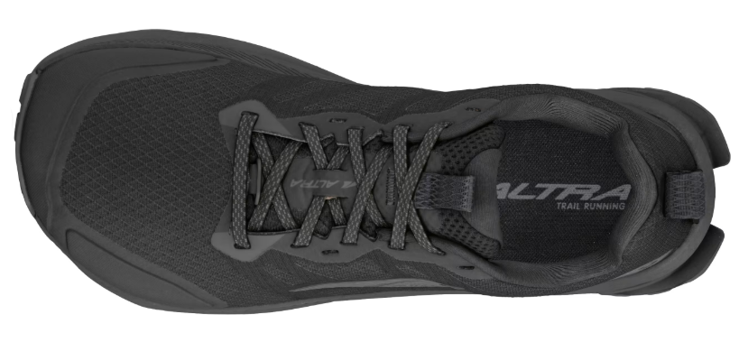 Black Altra Lone Peak 9 Wide athletic shoe with mesh upper and cushioned collar viewed from above.