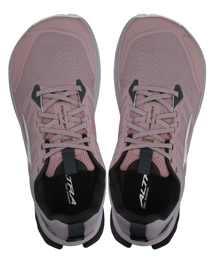 Purple Altra Women's Lone Peak 9 Wide trail running shoes with mesh upper and black accents, top view.