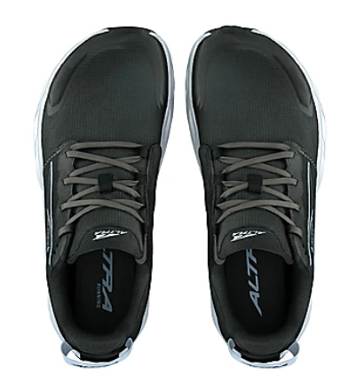 Black and blue Altra Superior 6 women's running shoes with gray laces and white soles viewed from above.