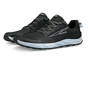 Black and blue athletic running shoes with white soles and Altra logo on the side.