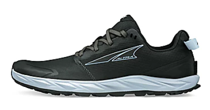 Black and blue Altra Women's Superior 6 athletic shoe with white sole and reflective logo detail.