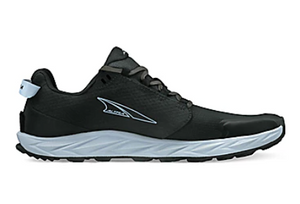 Black and blue Altra Women's Superior 6 running shoe with cushioned white midsole and patterned black outsole.