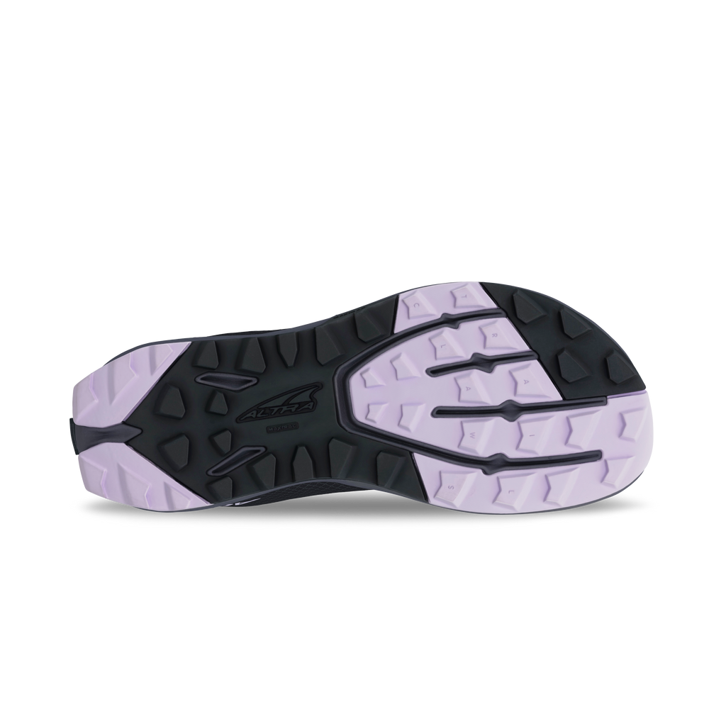 Black and lavender trail running shoe sole with textured grip and Altra logo.
