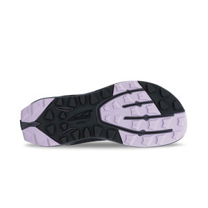 Black and lavender trail running shoe sole with textured grip and Altra logo.