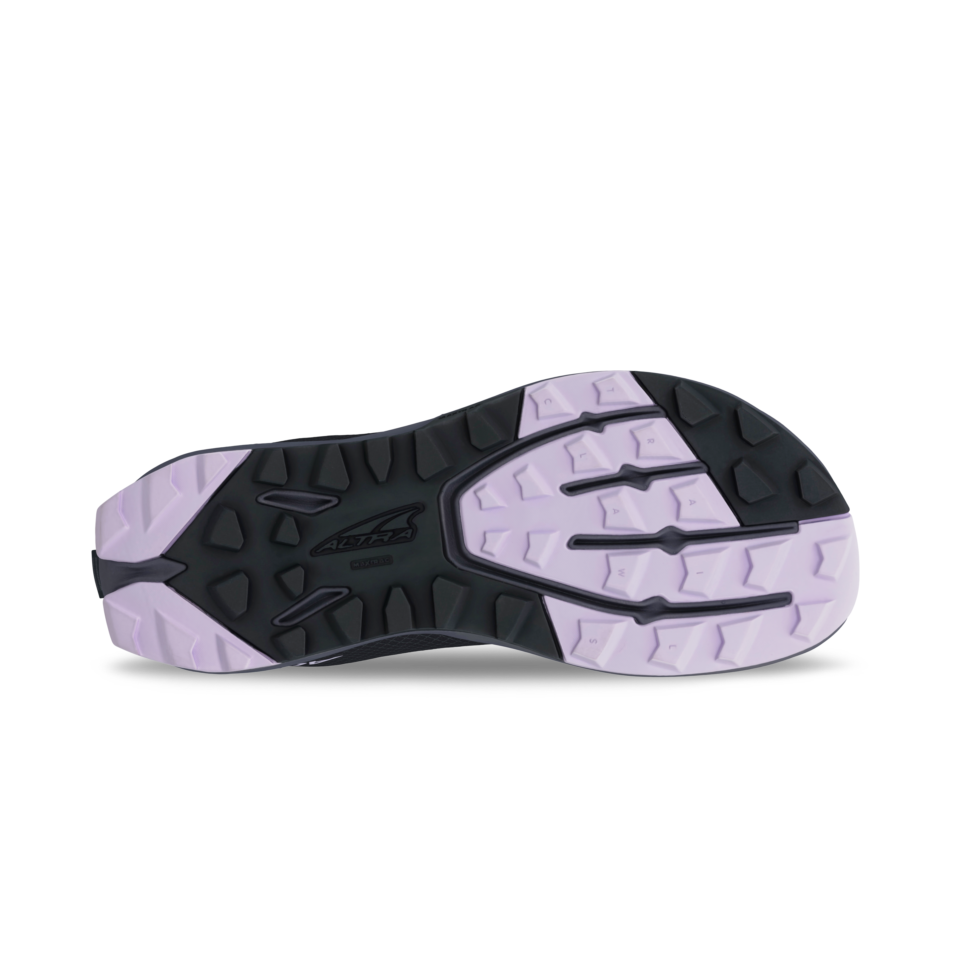 Black and lavender trail running shoe sole with textured grip and Altra logo.