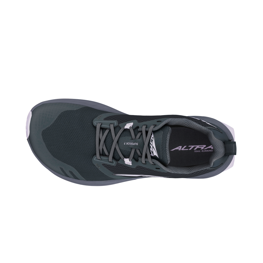 Black Altra Women's Superior 7 athletic shoe with gray laces and breathable mesh upper viewed from above.