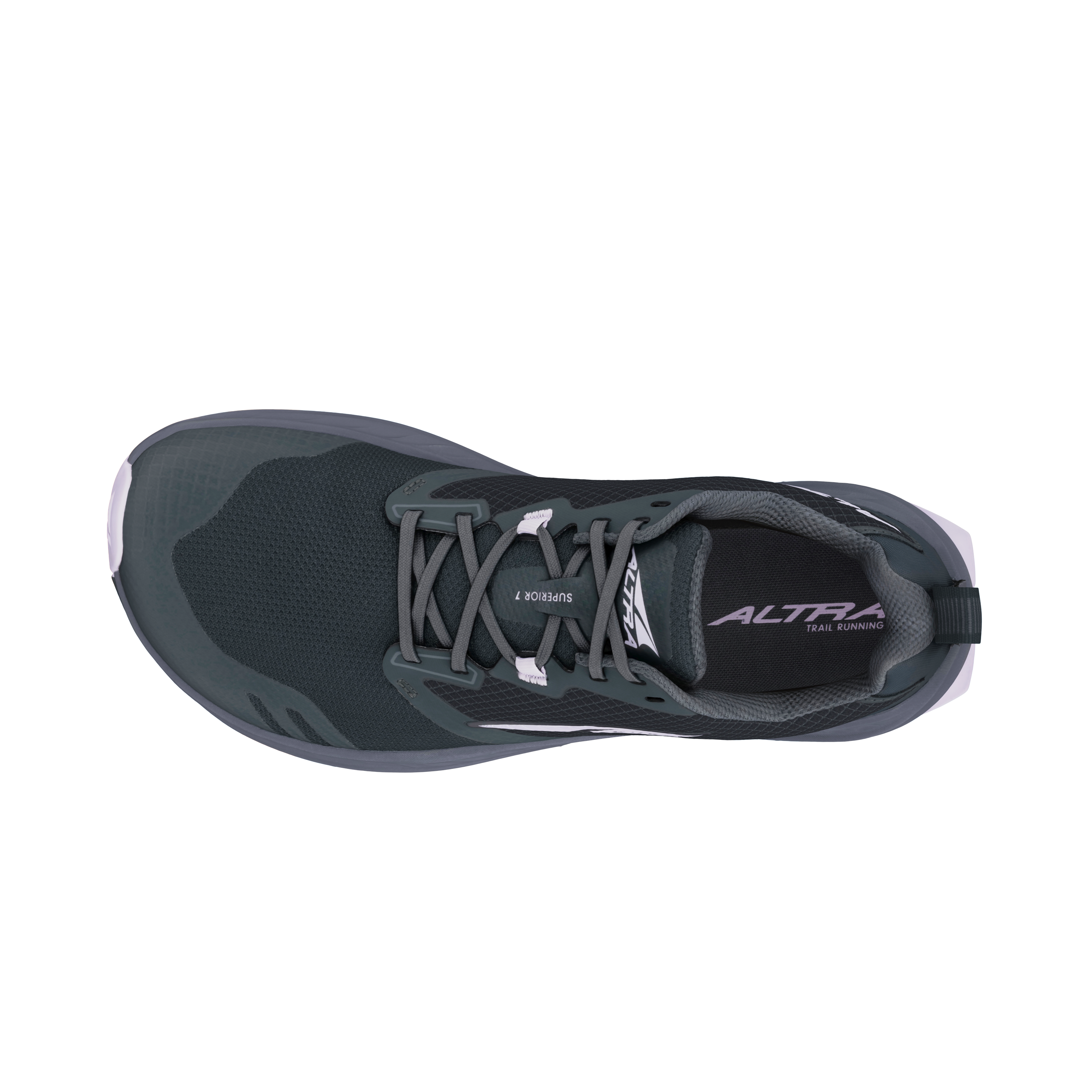 Black Altra Women's Superior 7 athletic shoe with gray laces and breathable mesh upper viewed from above.
