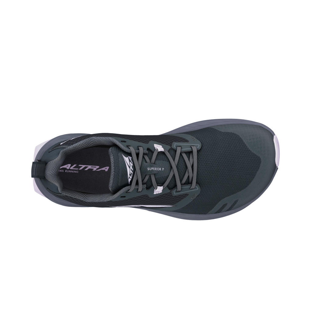 Black Altra Women's Superior 7 running shoe with breathable mesh upper and lace-up closure, top view.