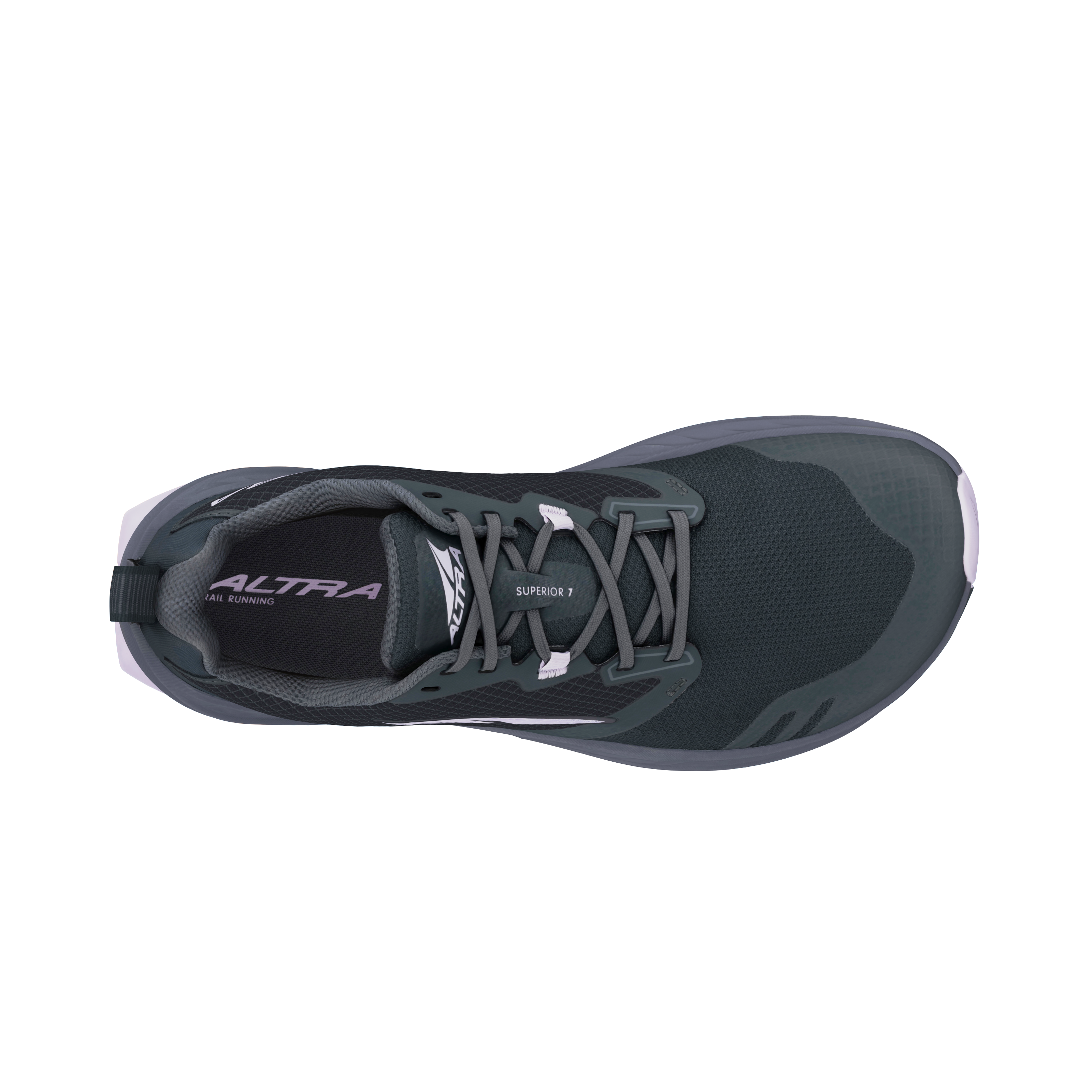 Black Altra Women's Superior 7 running shoe with breathable mesh upper and lace-up closure, top view.