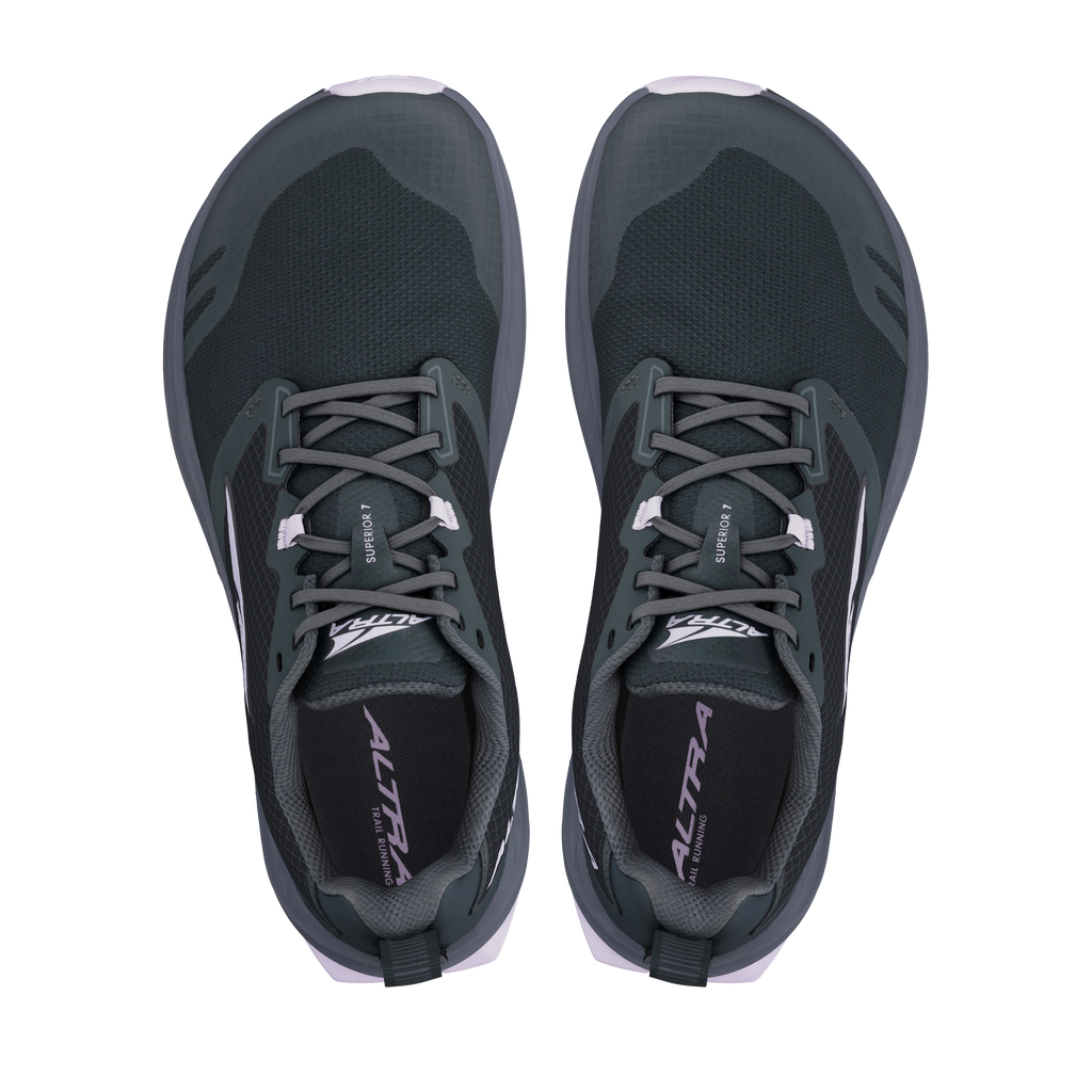 Black Altra Superior 7 women's running shoes with gray accents and thick cushioned soles viewed from top.