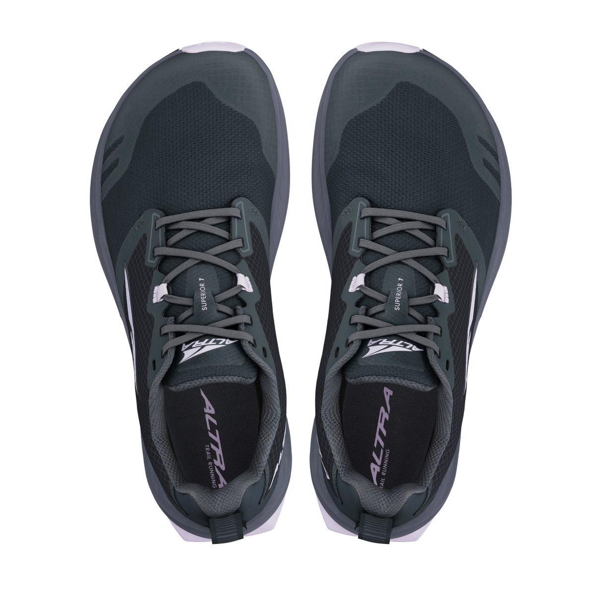 Black Altra Superior 7 women's running shoes with gray accents and thick cushioned soles viewed from top.