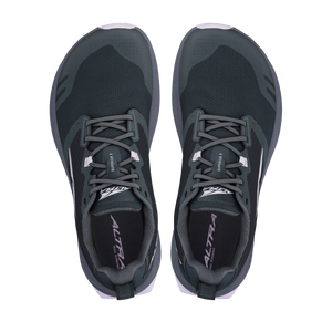 Black Altra Superior 7 women's running shoes with gray accents and thick cushioned soles viewed from top.