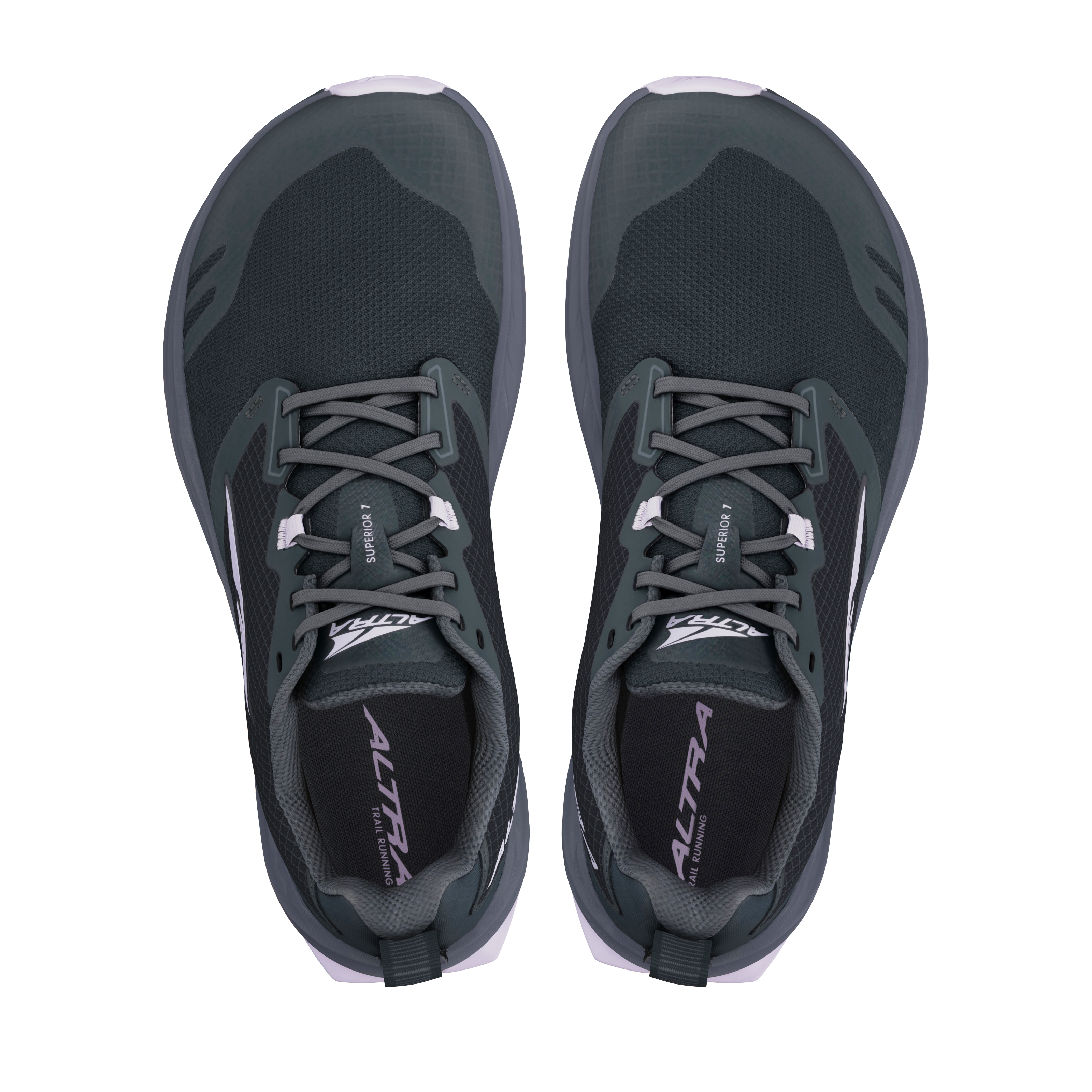 Black Altra Superior 7 women's running shoes with gray accents and thick cushioned soles viewed from top.