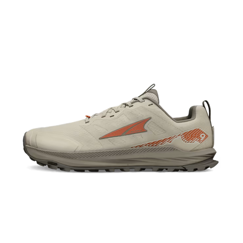 Tan Altra Men's Lone Peak 9 Wide trail running shoe with orange logo and rugged sole.