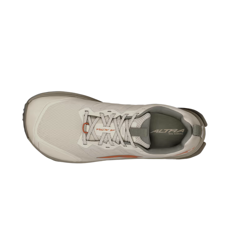 Tan Altra Lone Peak 9 Wide athletic shoe with mesh upper and cushioned collar, top view.