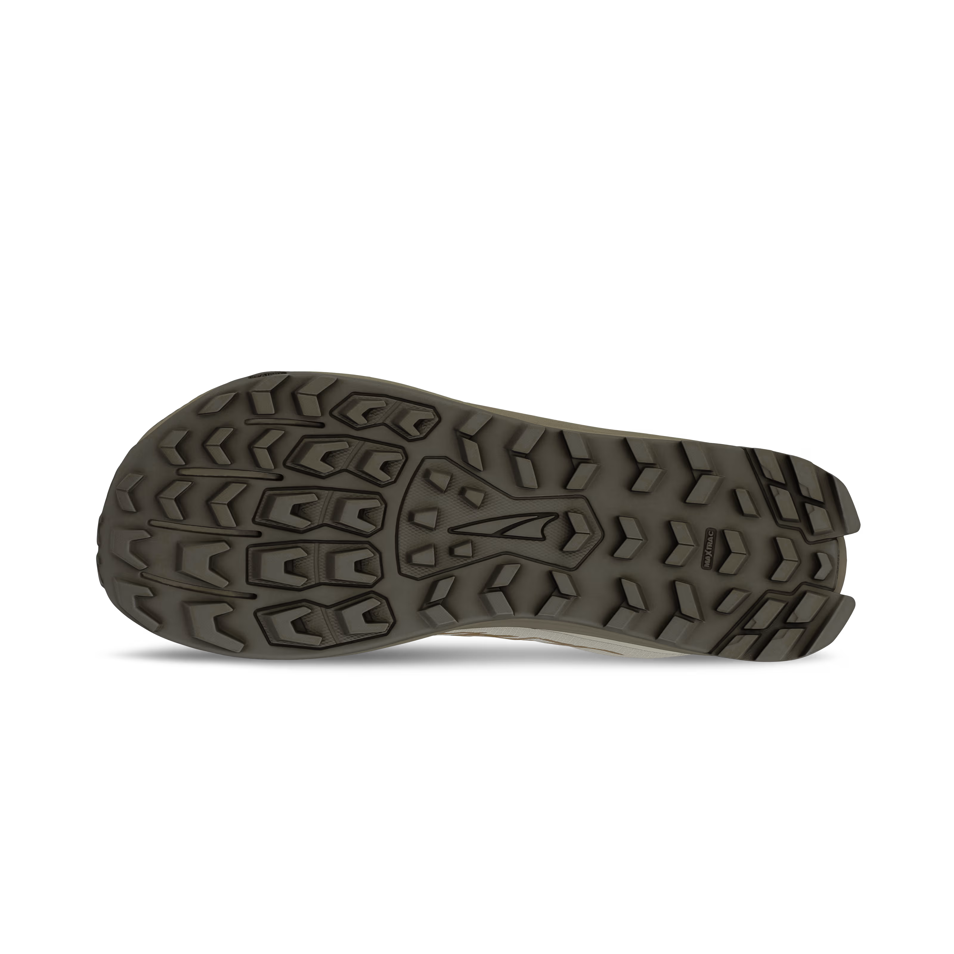 Tan trail running shoe sole with deep multi-directional lugs and Altra logo in center.