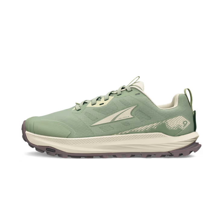 Green Altra Lone Peak 9 Wide women's trail running shoe with beige accents and rugged outsole.