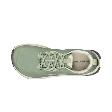 Light green Altra women's Lone Peak 9 Wide athletic shoe with white sole and logo on tongue and side.