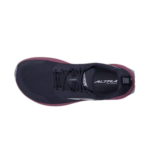 Dark blue Altra Superior 7 athletic shoe with black laces and purple sole edge, top view.