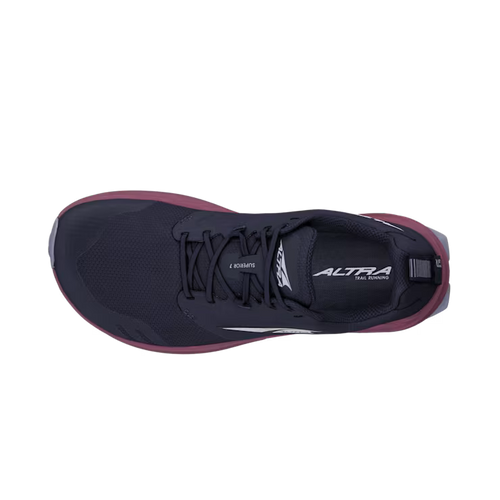 Dark blue Altra Superior 7 athletic shoe with black laces and purple sole edge, top view.
