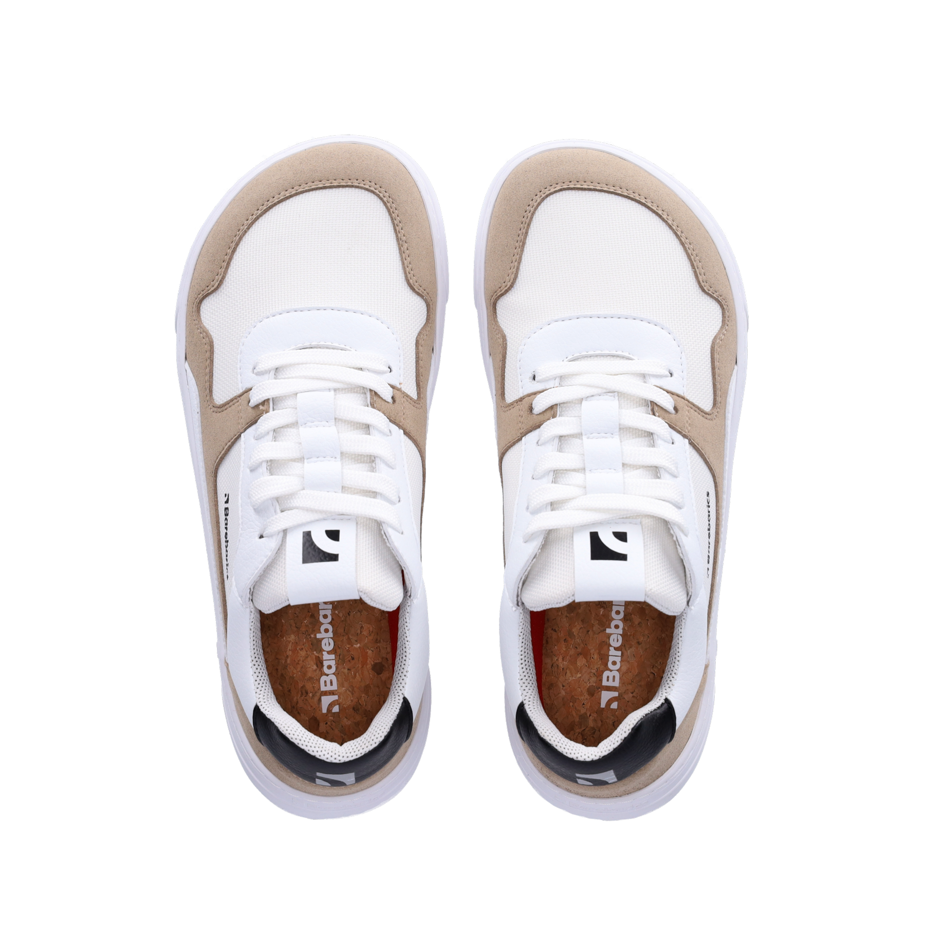 White and beige casual sneakers with white laces and cushioned soles viewed from above.