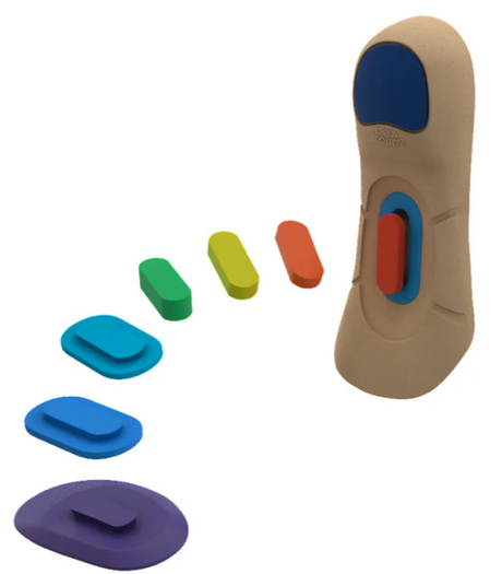 Beige 3/4 length insole with colored cushioning pads in purple, blue, green, yellow, orange, and red arranged beside it.