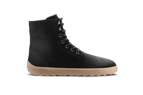 Matt black lace-up winter boots with brown rubber sole and high ankle design.