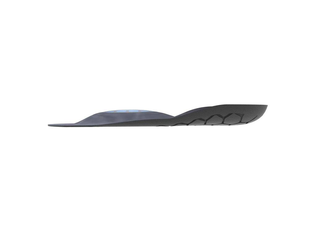 Black and blue 3/4-length contoured insole with arch support and textured heel section.