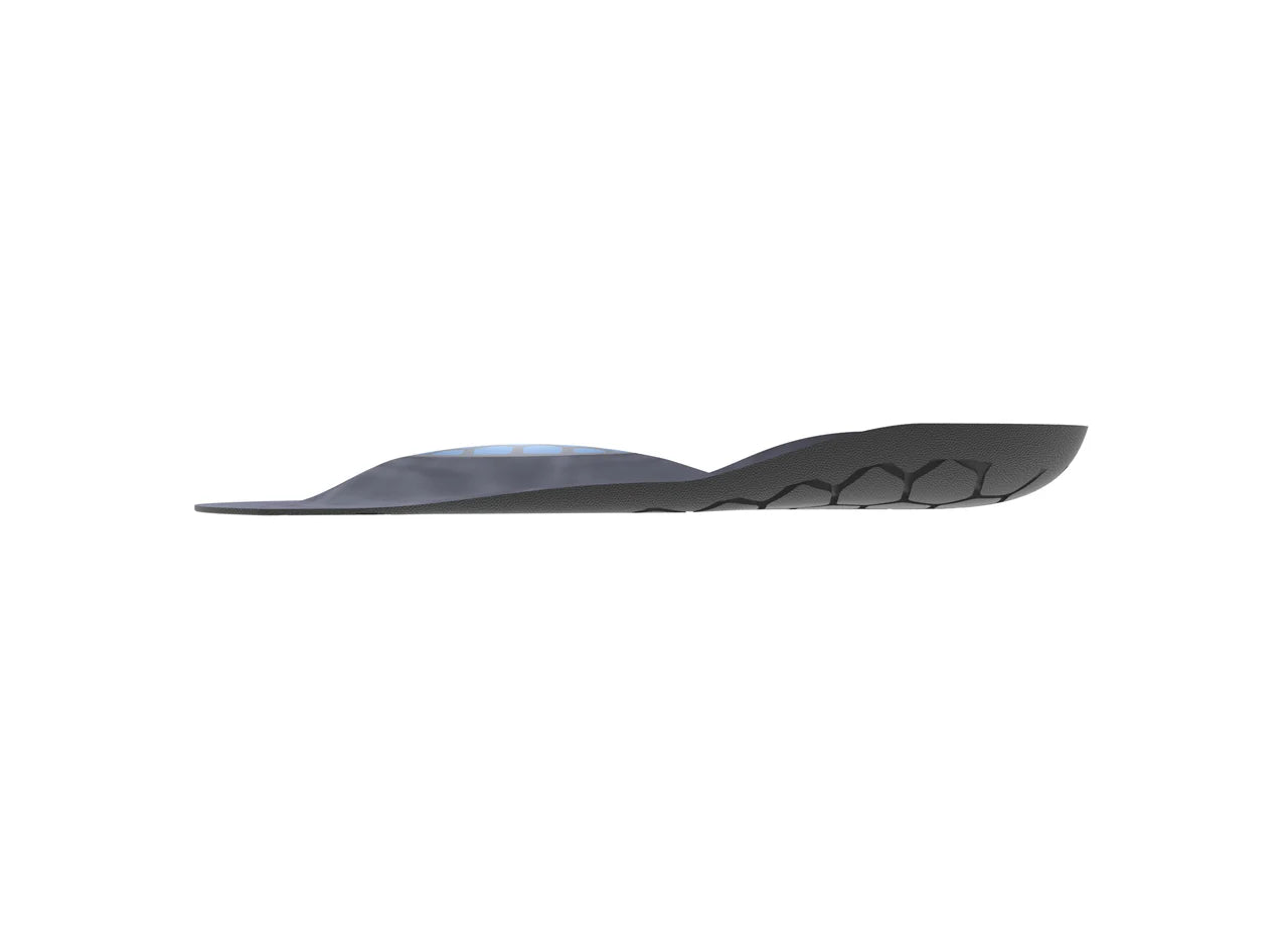Black and blue 3/4-length contoured insole with arch support and textured heel section.