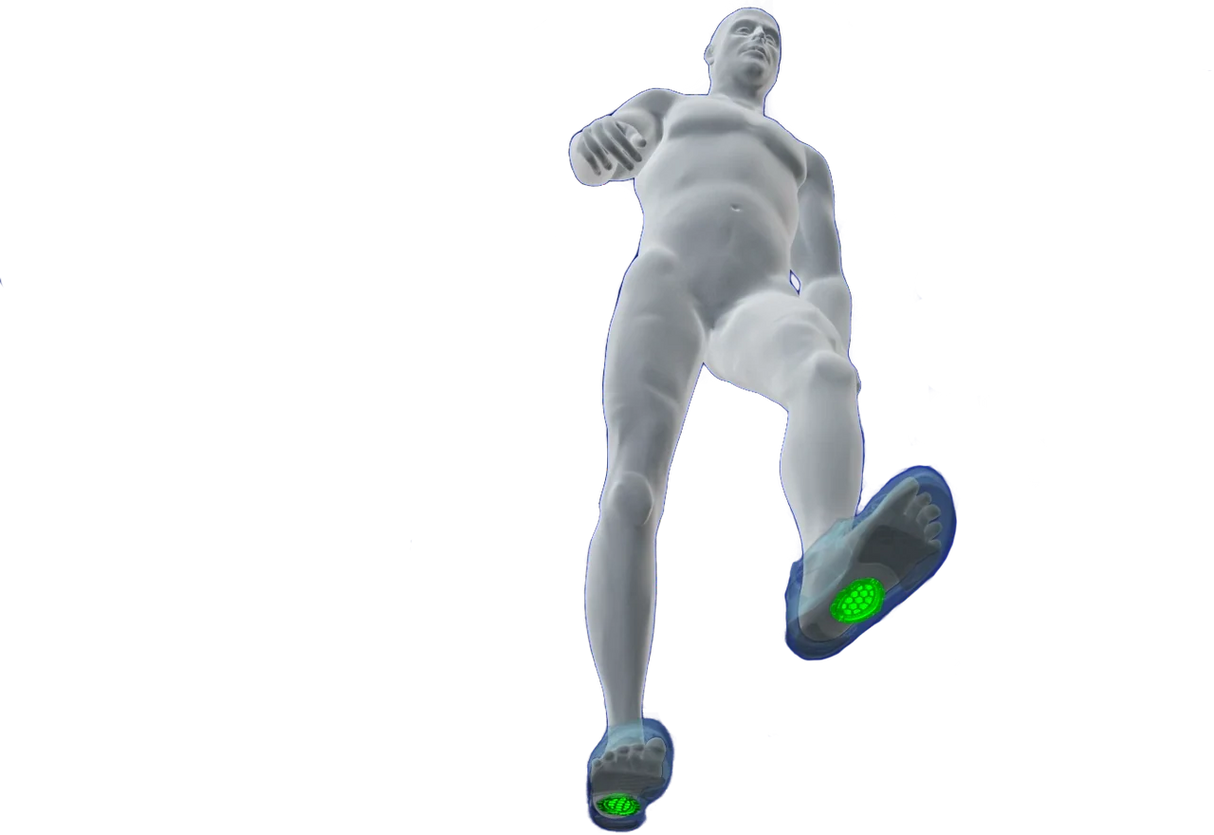 Gray human figure viewed from below highlighting glowing green and blue insoles on feet.
