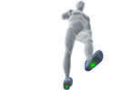 Gray human figure viewed from below highlighting glowing green and blue insoles on feet.