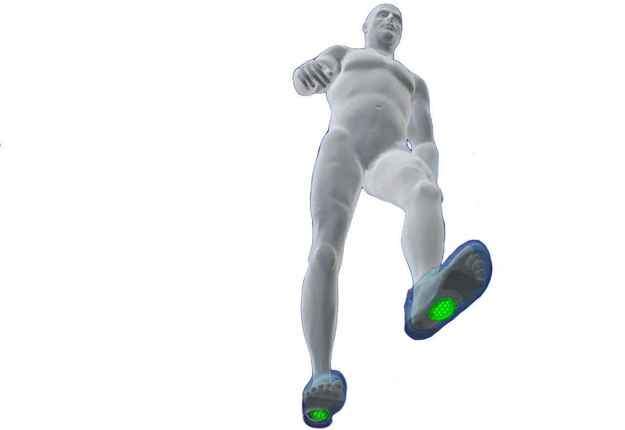 Gray human figure viewed from below highlighting glowing green and blue insoles on feet.