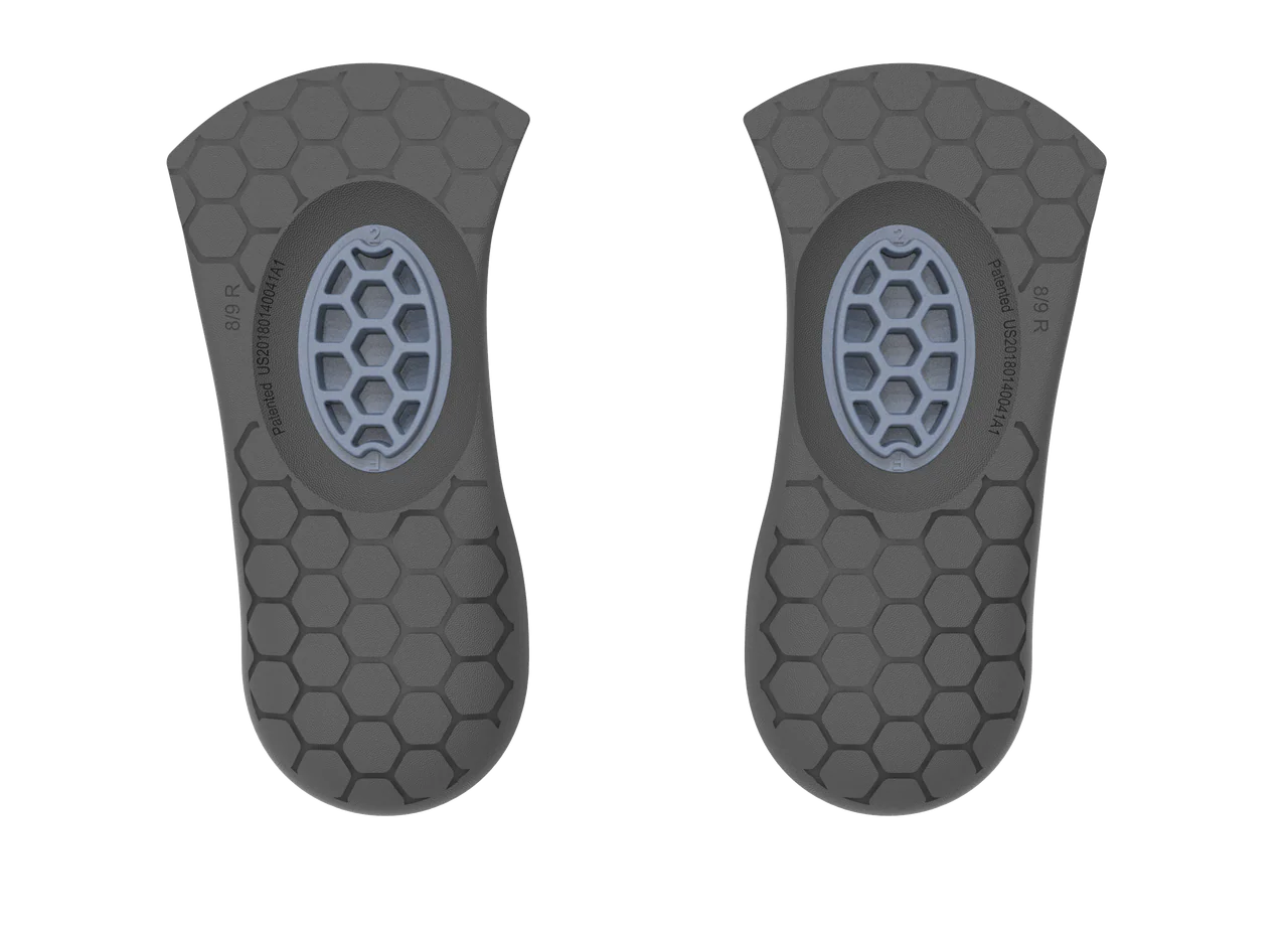 Pair of black and gray Biopods Next Generation 3/4-length Stimsoles insoles with honeycomb texture and central cushioning.