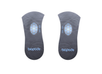 Pair of black Biopods Next Generation 3/4-Length Stimsoles insoles with blue logo and honeycomb pattern on heel.