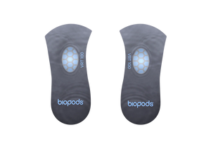 Pair of black Biopods Next Generation 3/4-Length Stimsoles insoles with blue logo and honeycomb pattern on heel.