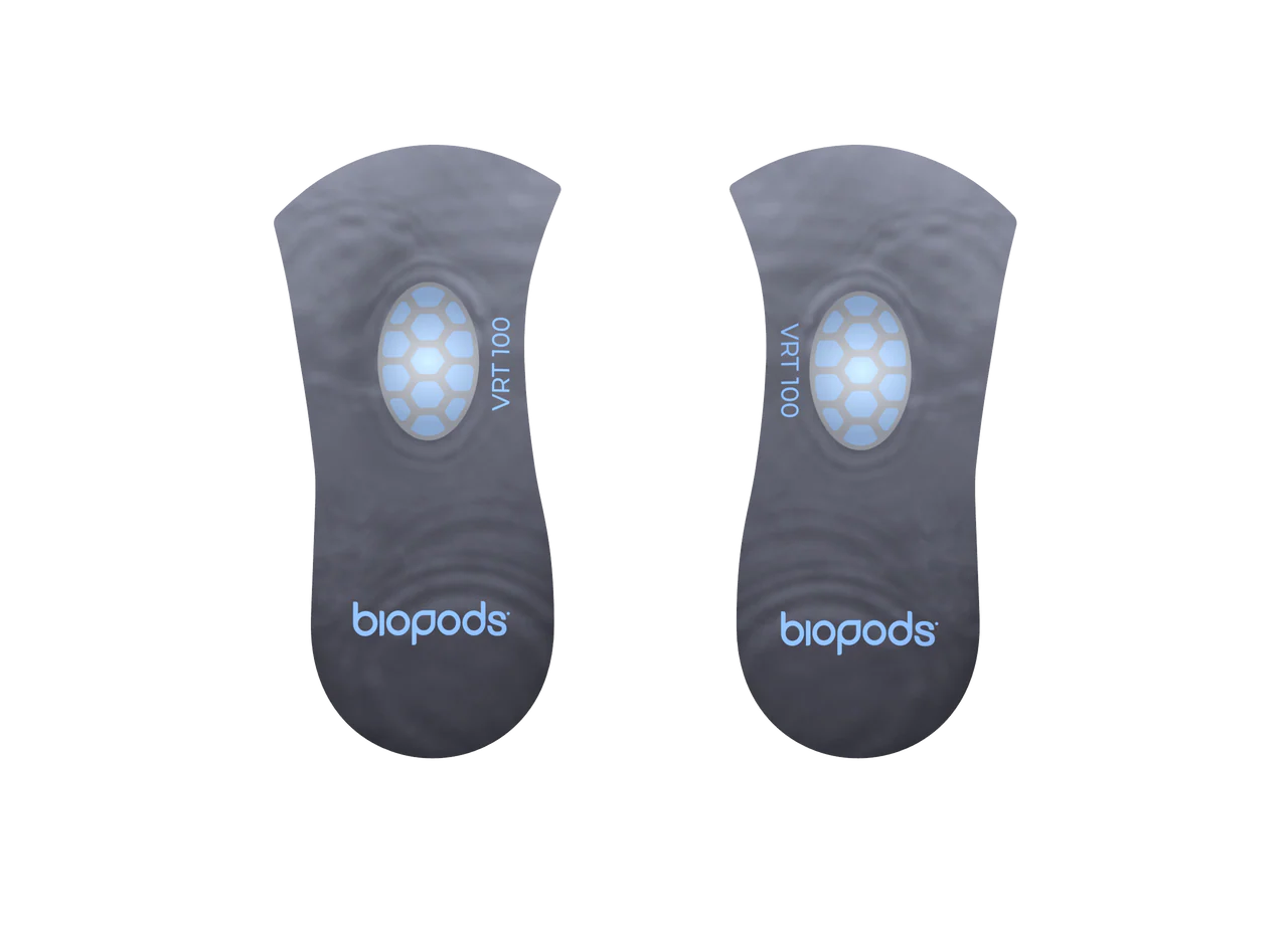 Pair of black Biopods Next Generation 3/4-Length Stimsoles insoles with blue logo and honeycomb pattern on heel.