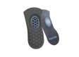 Black and gray honeycomb-patterned 3/4-length insoles with blue gel cushions and Biopods logo.