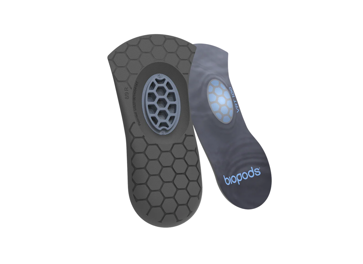 Black and gray honeycomb-patterned 3/4-length insoles with blue gel cushions and Biopods logo.