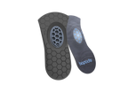 Black and gray honeycomb-patterned 3/4-length insoles with blue gel cushions and Biopods logo.