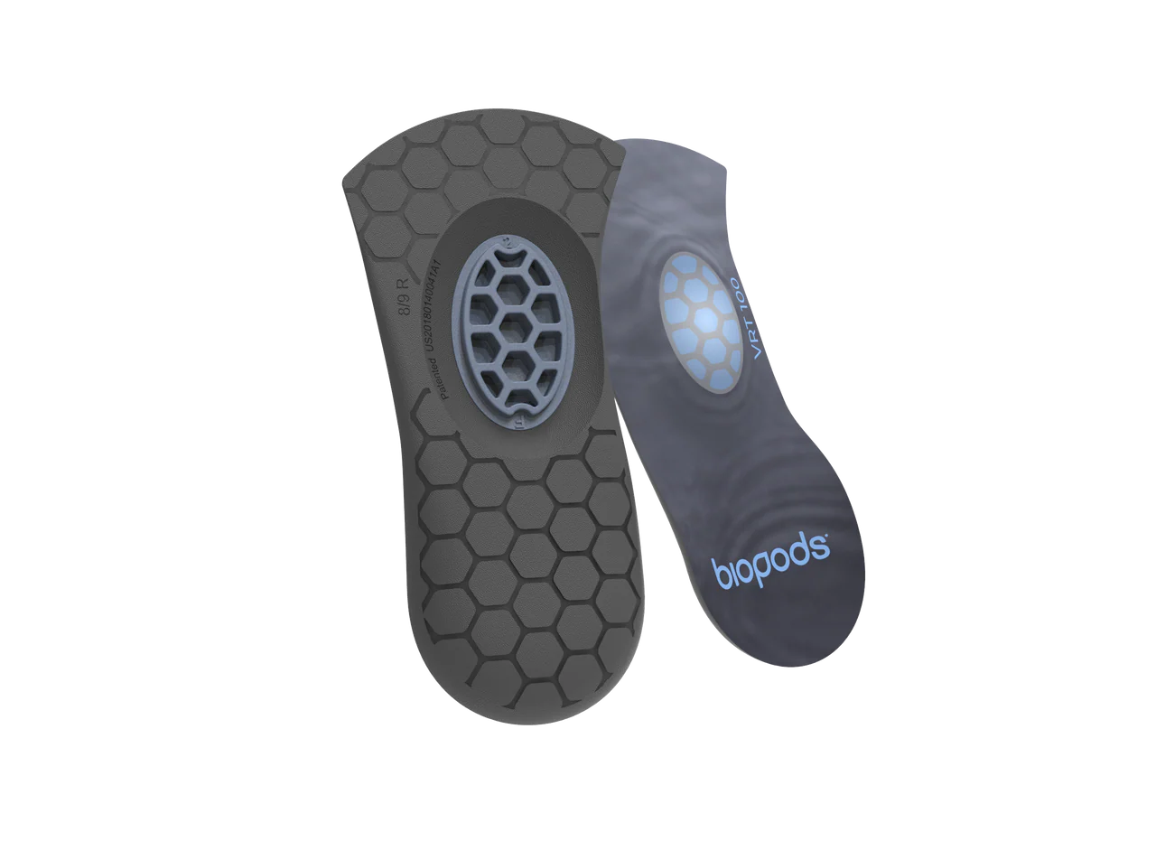 Black and gray honeycomb-patterned 3/4-length insoles with blue gel cushions and Biopods logo.