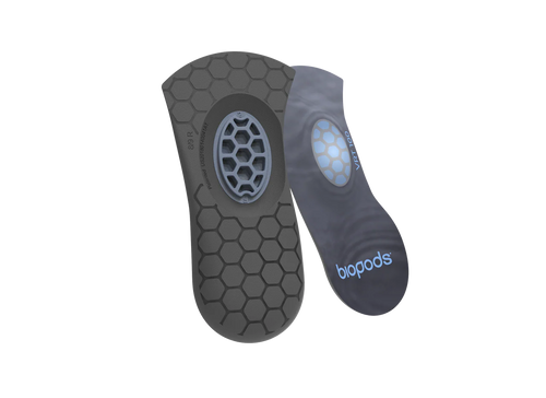 Black and gray honeycomb-patterned 3/4-length insoles with blue gel cushions and Biopods logo.