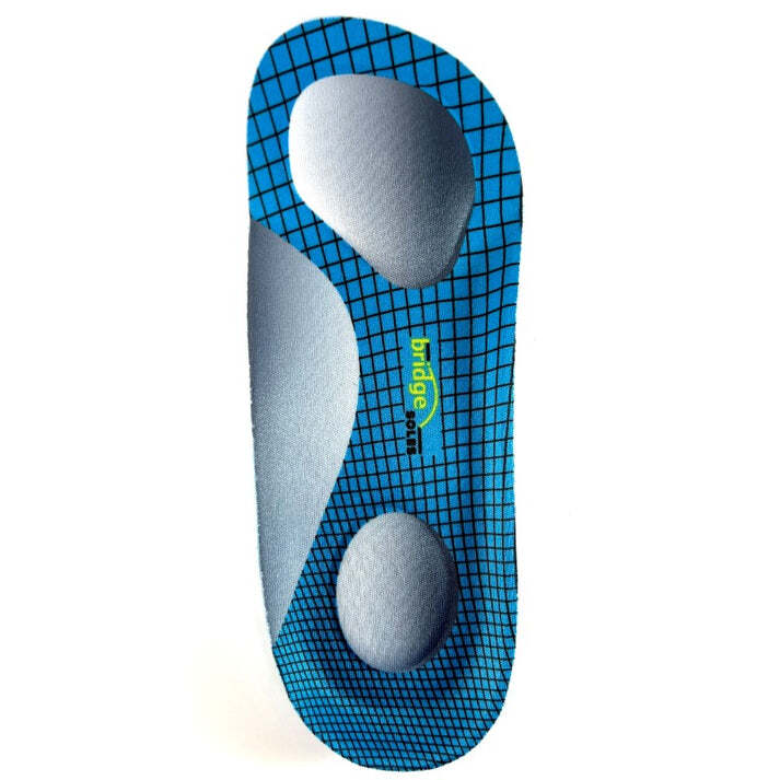 Blue 3/4 length insole with black grid pattern and metatarsal pad.
