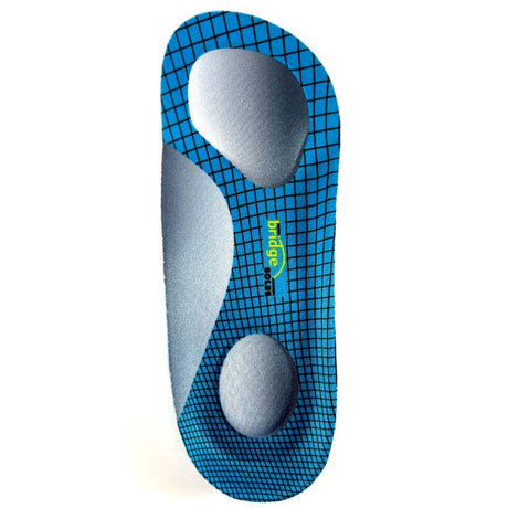 Blue 3/4 length insole with black grid pattern and metatarsal pad.