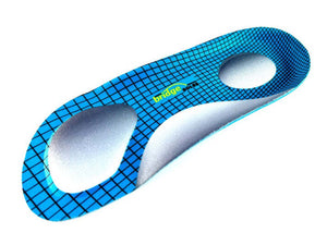 Blue 3/4 length insole with black grid pattern and metatarsal support pad.