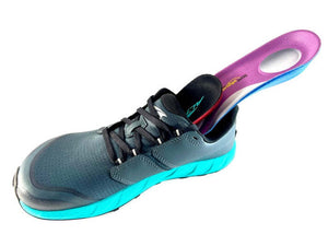 Purple and blue 3/4 length insole with metatarsal pad placed inside a black and turquoise athletic shoe.