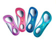 Four colorful 3/4 length bridge sole insoles with metatarsal pads in pink, red, blue, and turquoise.