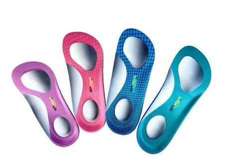 Four colorful 3/4 length bridge sole insoles with metatarsal pads in pink, red, blue, and turquoise.